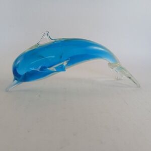 Dolphin Hand Blown Art Glass Figurine Clear Blue Large Paper Weight 6.5"